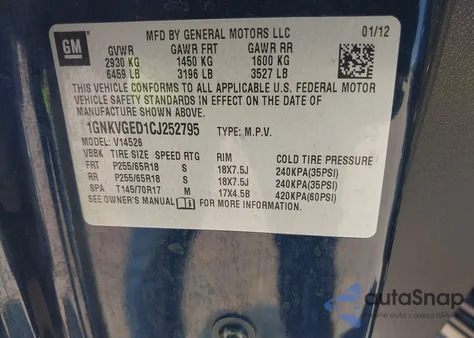 2012 Chevrolet Traverse 1Lt from USA, damaged, VIN 1GNKVGED1CJ252795